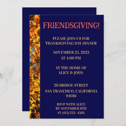 ネイビーブルー離れ&サンクスギビング与えフレンズ 招待状 (正面/裏面)