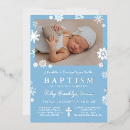 ネイビーブルー雪片フォトウィンターバプティスシルバー 箔招待状