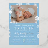 ネイビーブルー雪片フォトウィンターバプティスシルバー 箔招待状 (正面)