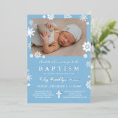 ネイビーブルー雪片フォトウィンターバプティスシルバー 箔招待状 (立ち正面)