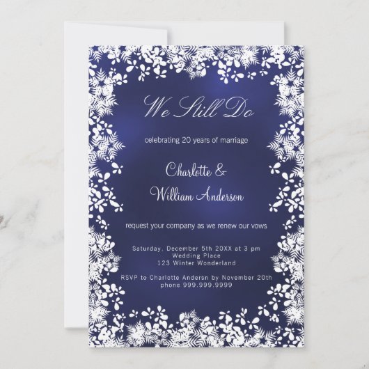 ネイビーブルー雪結婚片の誓いの更新 招待状 (正面)