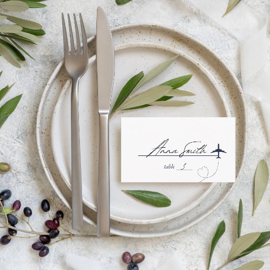 ネイビーブルー飛行機ハート旅行先結婚式 プレイスカード