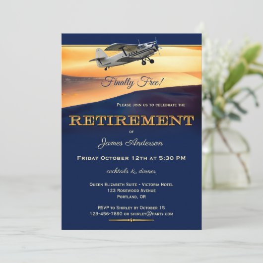 ネイビーブルー飛行機退職パーティの招待状 招待状 (スタンド正面)