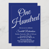 ネイビーブルー100th誕生日パーティー100スクリプト 招待状 (正面/裏面)