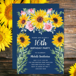 ネイビーブルー16歳の誕生日おめでとうPretty Pink Roses Sunflowers 招待状