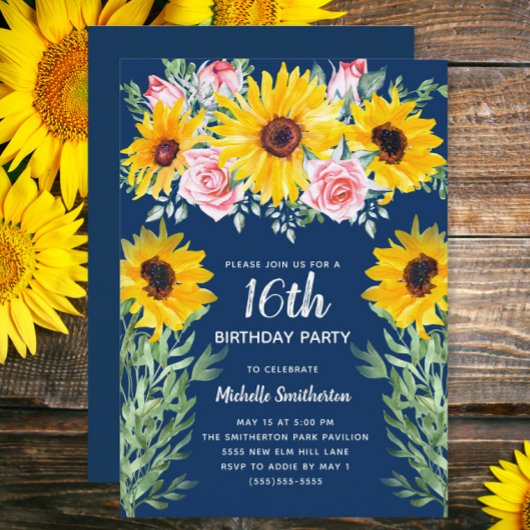 ネイビーブルー16歳の誕生日おめでとうPretty Pink Roses Sunflowers 招待状