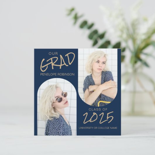 ネイビーブルー2アーチ写真卒業発表 案内状 (スタンド正面)