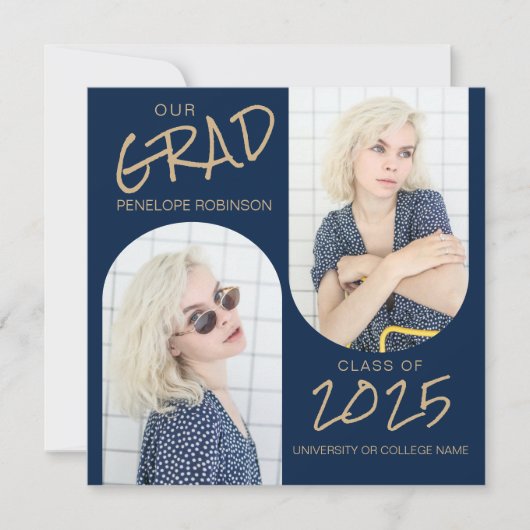 ネイビーブルー2アーチ写真卒業発表 案内状 (正面)