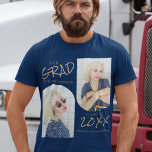 ネイビーブルー2アーチ写真卒業 Tシャツ<br><div class="desc">卒業シンプルTシャツモダンは、ネイビーの青い背景の上に2つのアーチ型の写真を含み、「我々の卒業読、彼らの名前、クラスと彼らの学校、大学や大学のテンプレートの文字」を含む。 フォントスタイルと背景色は、パーソナライズ後クリックの更なるリンク上でカスタマイズの変更が可能である。</div>