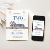 ネイビーブルー2ファストレースカー誕生日招待状 招待状