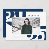 ネイビーブルー2025はっきりしたタイポグラフィ写真卒業 招待状 (正面/裏面)