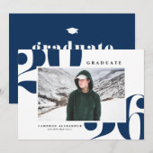 ネイビーブルー2025はっきりしたタイポグラフィ写真卒業 案内状 (正面/裏面)