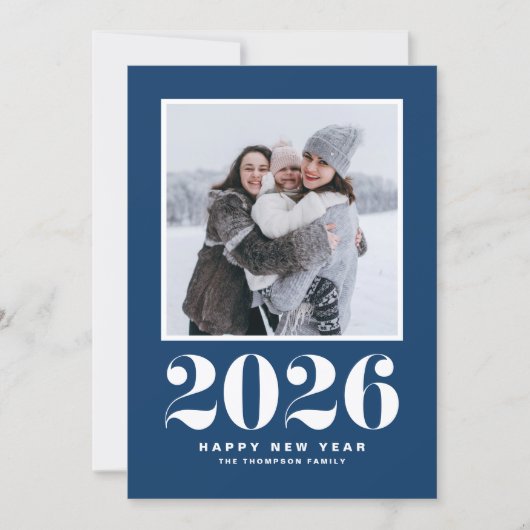 ネイビーブルー2025はっきりしたタイポグラフィ年末年始の写真 シーズンカード (正面)