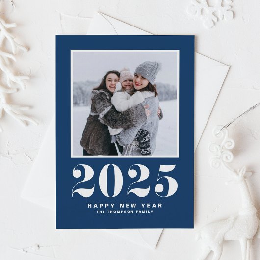 ネイビーブルー2025はっきりしたタイポグラフィ年末年始の写真 シーズンカード