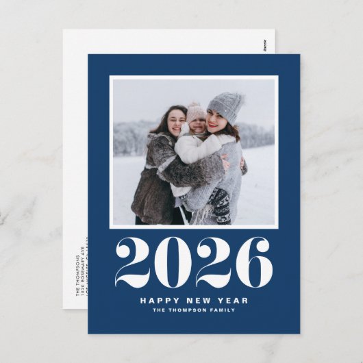 ネイビーブルー2025はっきりしたタイポグラフィ年末年始の写真 シーズンポストカード (正面/裏面)