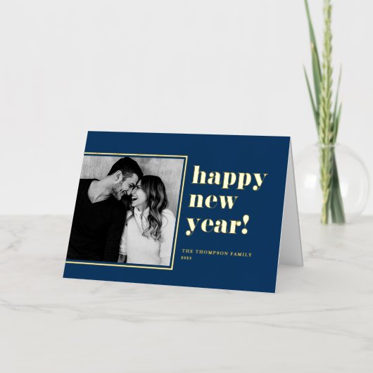 ネイビーブルー2025はっきりしたタイポグラフィ年末年始の写真 箔シーズンカード (正面)