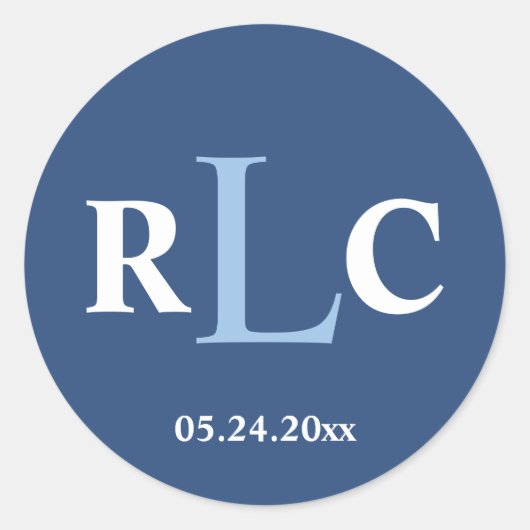 ネイビーブルー3イニシャルモノグラムラベル結婚式の引き出物 ラウンドシール (正面)
