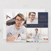 ネイビーブルー3フォト金ゴールド卒業パーティー招待状 招待状 (正面)