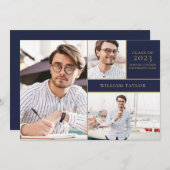 ネイビーブルー3フォト金ゴールド卒業パーティー招待状 招待状 (正面/裏面)