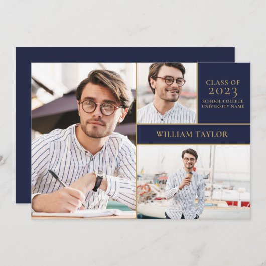 ネイビーブルー3フォト金ゴールド卒業パーティー招待状 招待状 (正面/裏面)