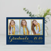 ネイビーブルー3枚コラージュ卒業 箔招待状 (立ち正面)