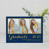 ネイビーブルー3枚コラージュ卒業 箔招待状 (立ち正面)