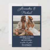 ネイビーブルー4フォトグリッド結婚ズ 招待状 (正面)