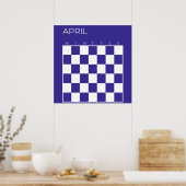 ネイビーブルー4月市松模様に月カレンダー ポスター (キッチン)