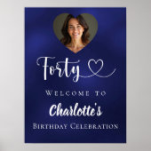 ネイビーブルー40th誕生日パーティー写真ハート歓迎 ポスター (正面)