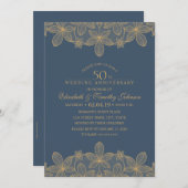 ネイビーブルー50周年結婚記念日ゴールデンラッセル 招待状 (正面/裏面)
