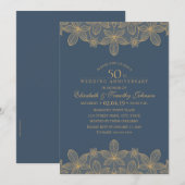 ネイビーブルー50周年結婚記念日ゴールデンラッセ 招待状 (正面/裏面)