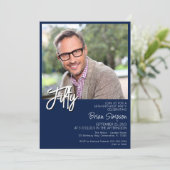 ネイビーブルー50誕生日写真 招待状 (スタンド正面)