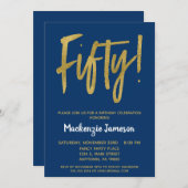 ネイビーブルー50thバースデーパーティー招待金ゴールド 招待状 (正面/裏面)