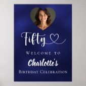 ネイビーブルー50th誕生日パーティー写真ハート歓迎 ポスター (正面)