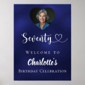 ネイビーブルー70th誕生日パーティー写真ハート歓迎 ポスター (正面)