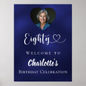 ネイビーブルー80th誕生日パーティー写真ハート歓迎 ポスター (正面)