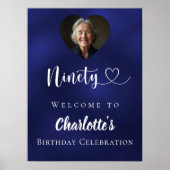 ネイビーブルー90th誕生日パーティー写真ハート歓迎 ポスター (正面)