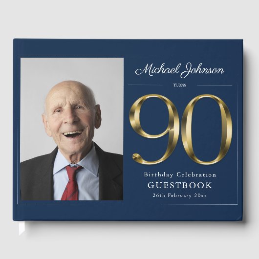 ネイビーブルー90th誕生日金ゴールドカスタムタイポグラフィ ゲストブック (正面)