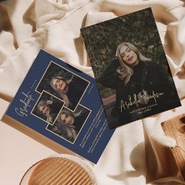 ネイビーブルー おしゃれなスクリプト フォト コラージュ 卒業式 案内状