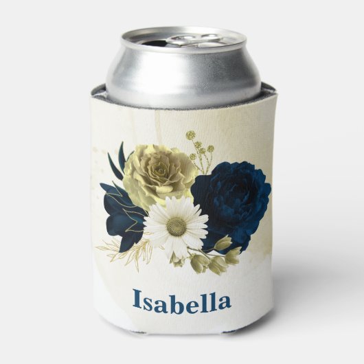 ネイビーブルー アイボリー ゴールド 花のモノグラム 缶クーラー (缶正面)