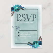 ネイビーブルー&アクアウォーターカラーフローラウェディングRSVP