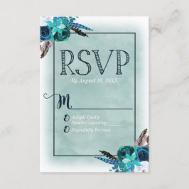 ネイビーブルー&アクアウォーターカラーフローラウェディングRSVP 出欠カード