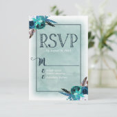 ネイビーブルー&アクアウォーターカラーフローラウェディングRSVP 出欠カード (スタンド正面)