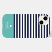 ネイビーブルー&アクアシックストライプハートモノグラム Case-Mate iPhoneケース (裏面 (横))