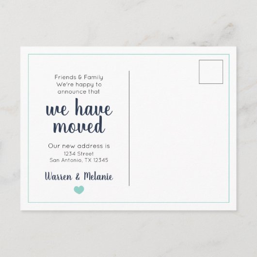 ネイビーブルー&アクアホームスウィートホーム – テキサス州ムービング 案内ポストカード (裏面)