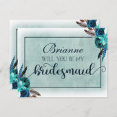 ネイビーブルー&アクアボホ私の花嫁になる 招待状 (正面/裏面)