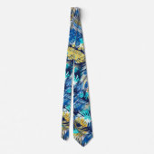 ネイビーブルー アクア イエロー ホワイト 熱帯植物 ネクタイ (裏面)