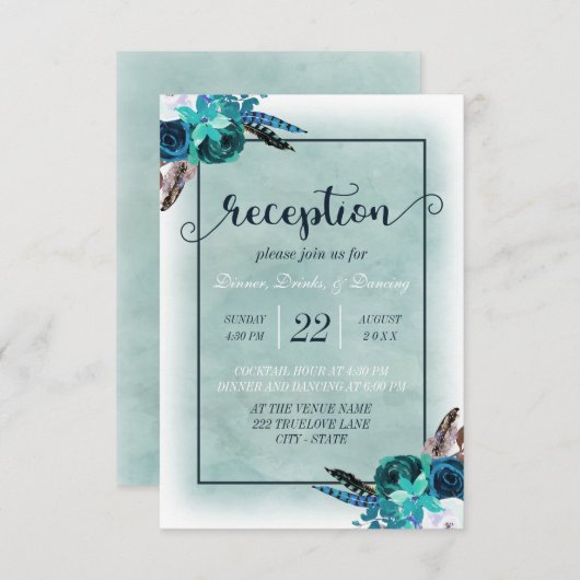 ネイビーブルー アクア 水彩 フラワーのウェディング レセプション 招待状 (正面/裏面)