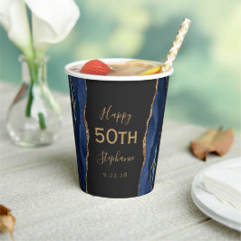 ネイビーブルー アゲート ゴールド グリッター ダーク 50歳 誕生日 紙コップ