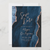ネイビーブルー アゲート ローズゴールド 結婚式 Save the Date 招待状 (正面)